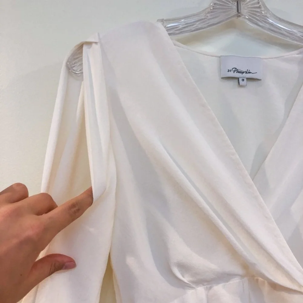 3.1 Phillip Lim 100% Silk Cream Side Tie Sash V Neck Cold Shoulder Crop Blouse - Picture 6 of 8